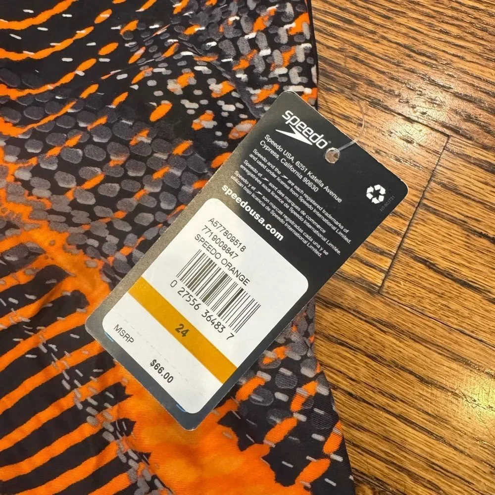 NWT New SPEEDO Coded Riff Flyback Racing Swimsuit Black Orange Print 24 Girl 8